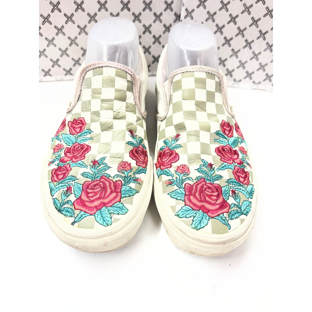 Vans Classic Slip-On Rose Embroidery Sage Green Checkerboard Shoes Womens 9.5